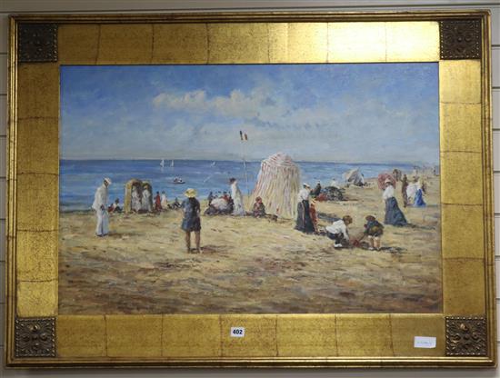 French School, oil on canvas, figures on a beach, 60 x 90cm